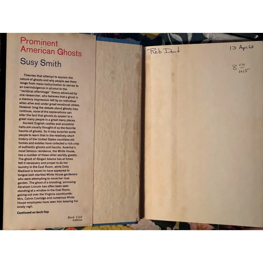 Prominent American Ghosts Susy Smith 1967 HC DJ Book Club Vintage Paranormal